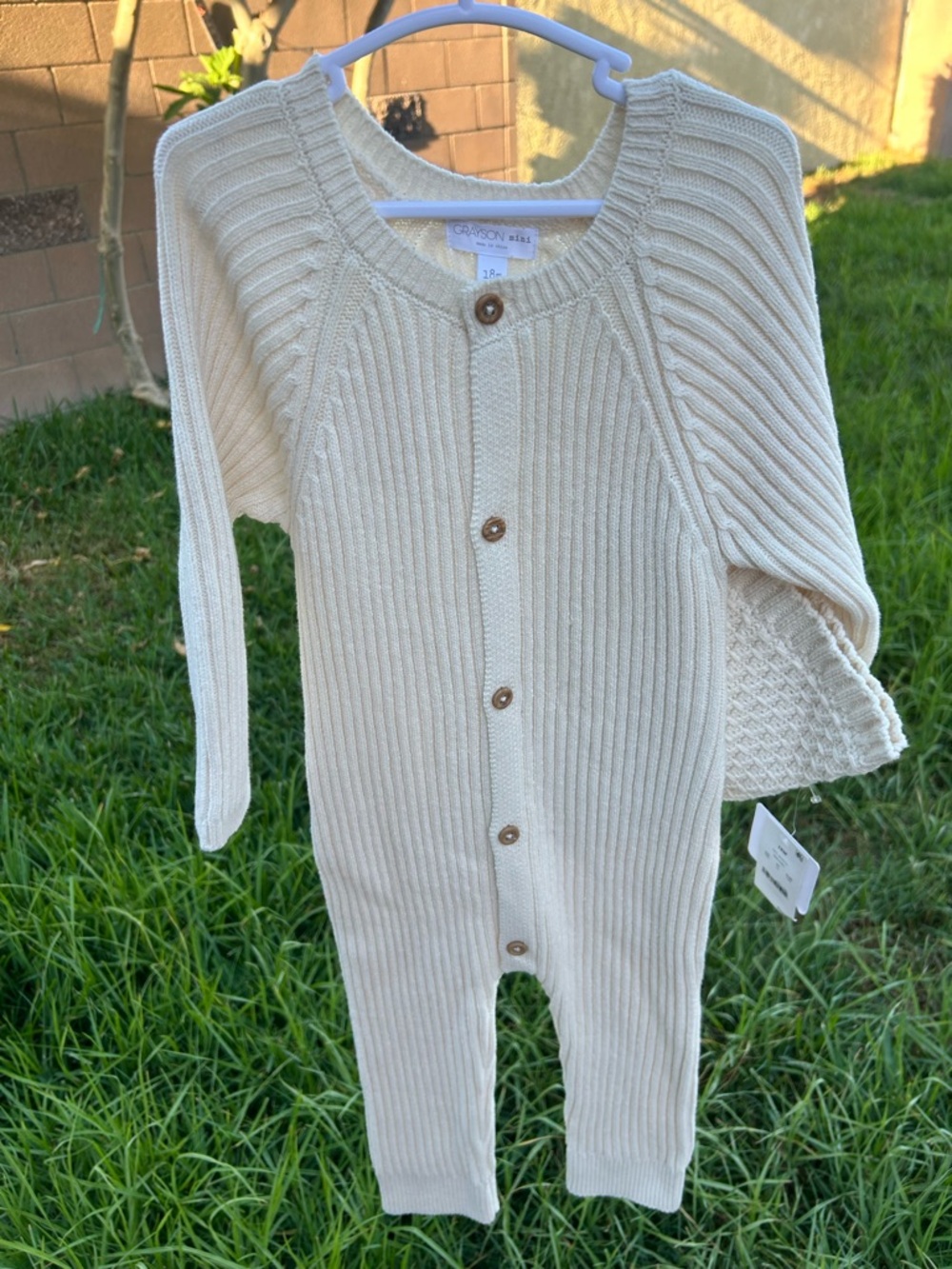 Cream Ribbed Button-Front Knit Romper - Picture 2 of 9